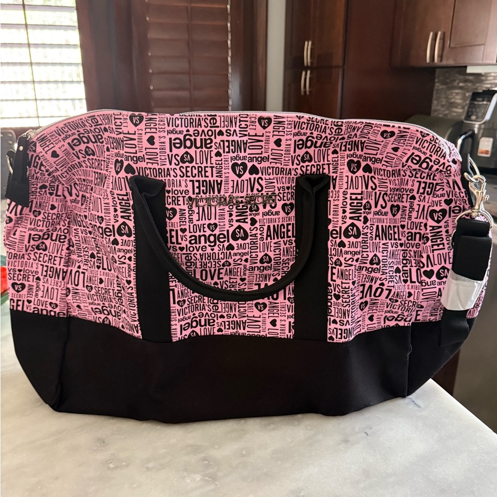 Victoria's Secret Pink and Black Women's Logo Weekender Bag